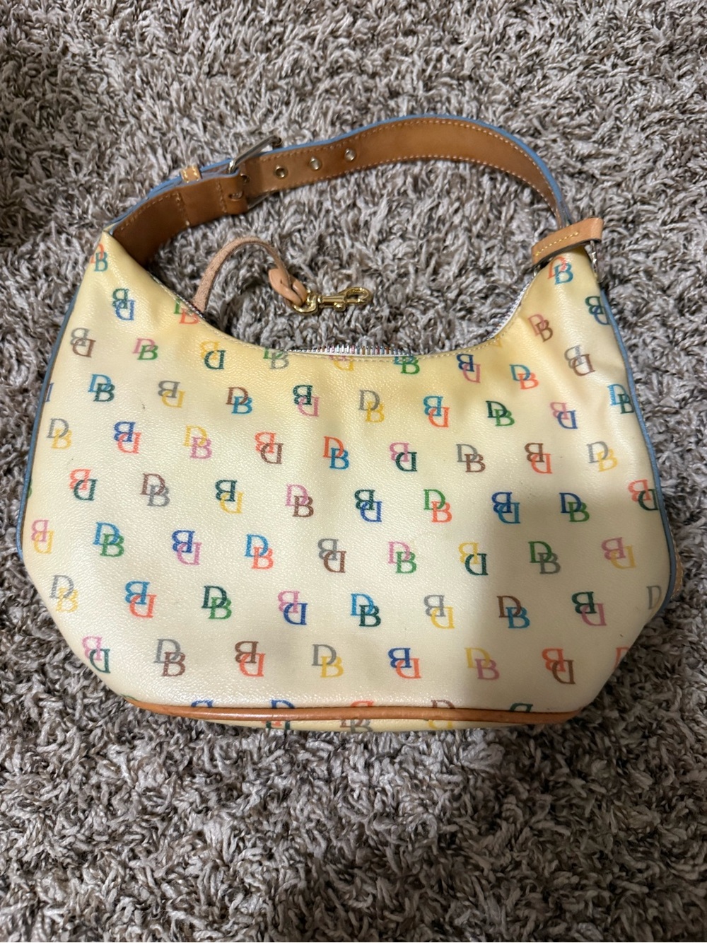 Dooney & Bourke Cream Multicolor DB Logo Shoulder Bag with Tan Strap